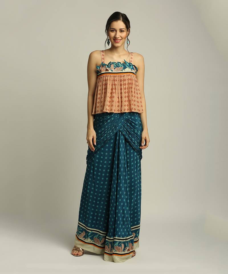 Teal blue Peach Orchid bloom printed skirt set with jacket