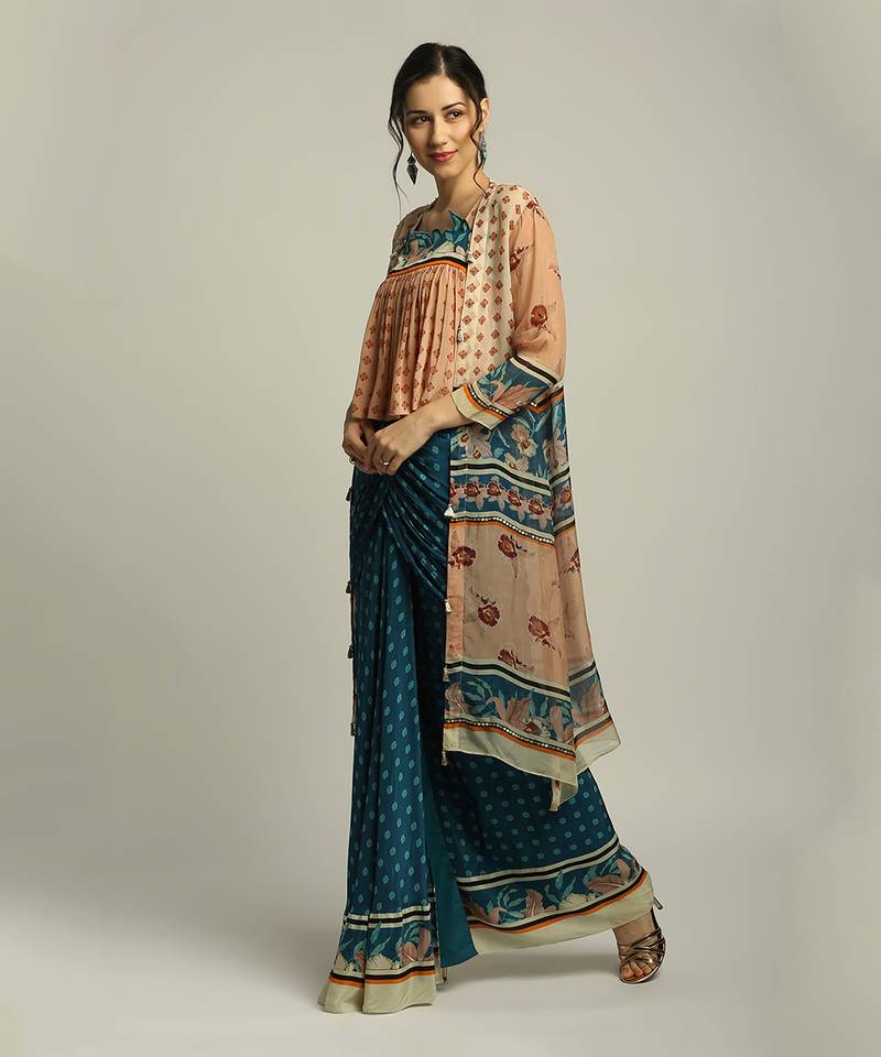 Teal blue Peach Orchid bloom printed skirt set with jacket