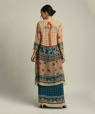 Teal blue Peach Orchid bloom printed skirt set with jacket 4