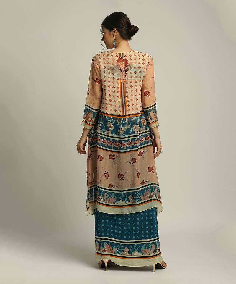 Teal blue Peach Orchid bloom printed skirt set with jacket