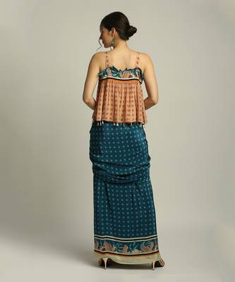 Teal blue Peach Orchid bloom printed skirt set with jacket 5