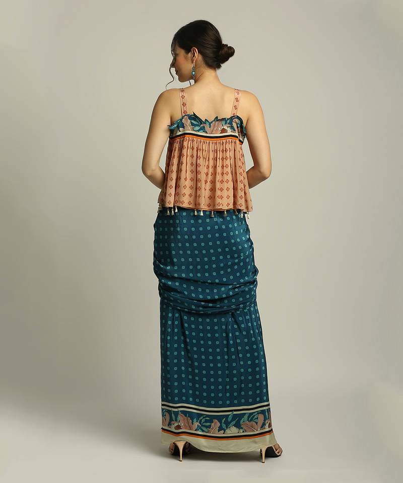 Teal blue Peach Orchid bloom printed skirt set with jacket