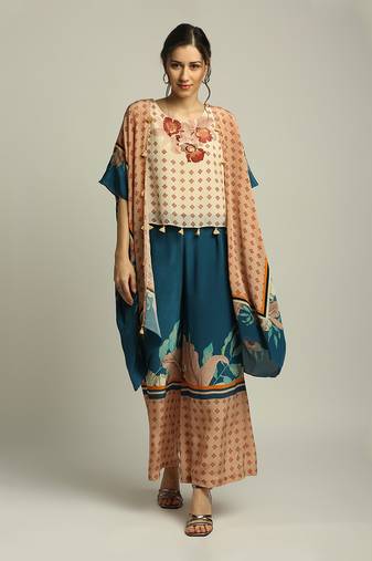 Teal blue Peach Orchid bloom printed pant set with cape