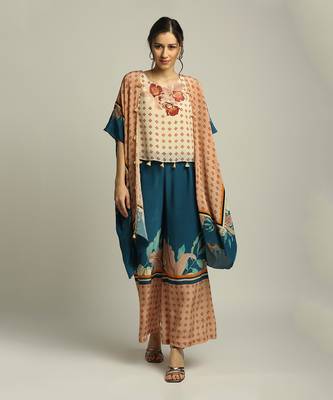 Teal blue Peach Orchid bloom printed pant set with cape 1