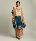 Teal blue Peach Orchid bloom printed pant set with cape