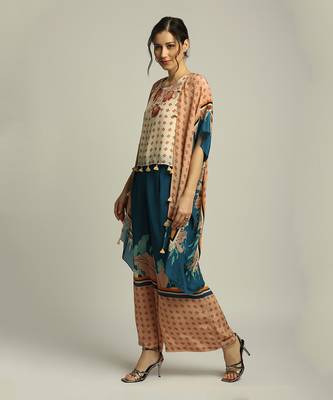 Teal blue Peach Orchid bloom printed pant set with cape 2