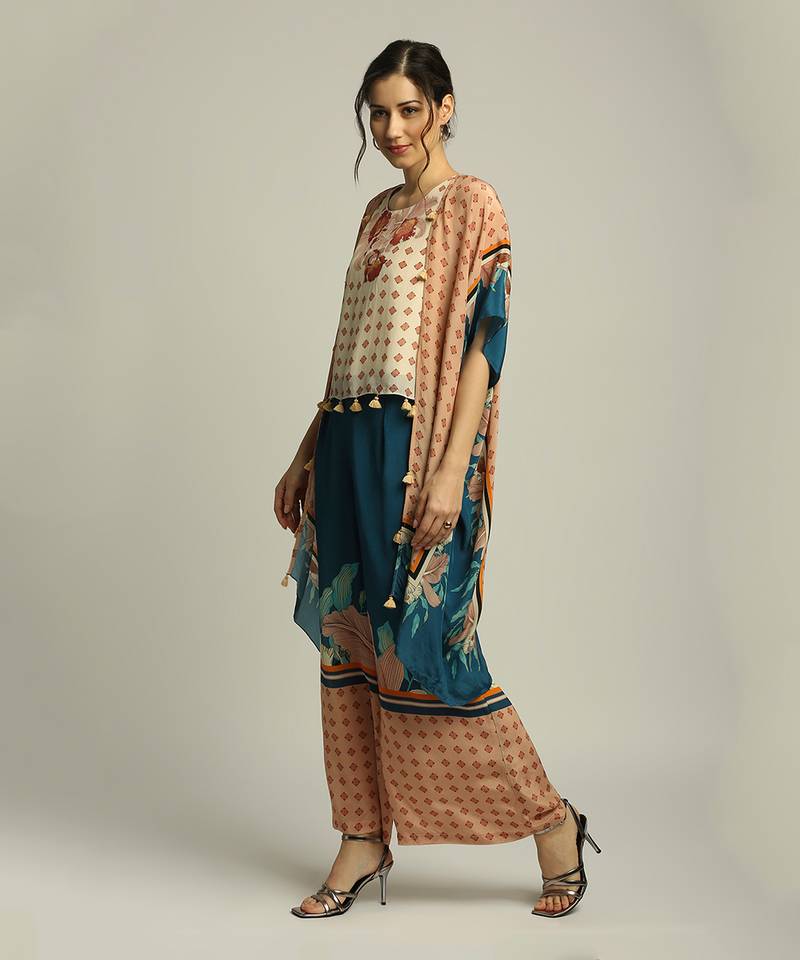 Teal blue Peach Orchid bloom printed pant set with cape