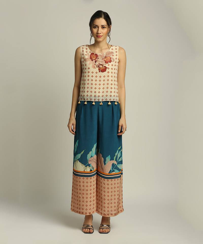 Teal blue Peach Orchid bloom printed pant set with cape