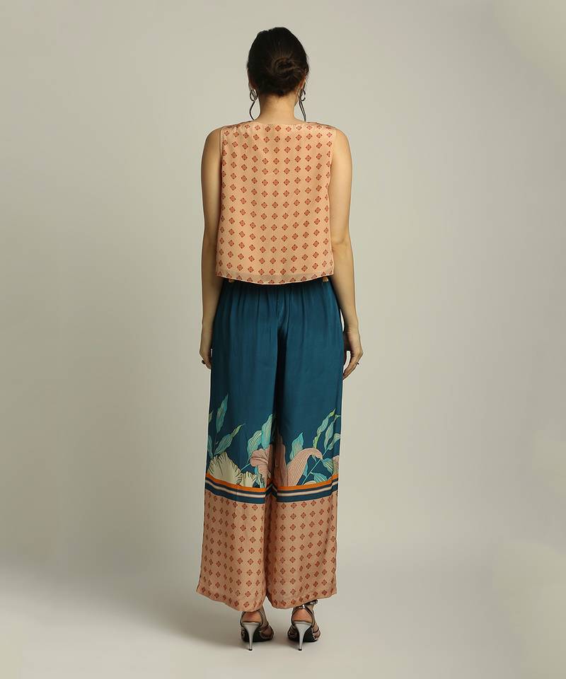 Teal blue Peach Orchid bloom printed pant set with cape