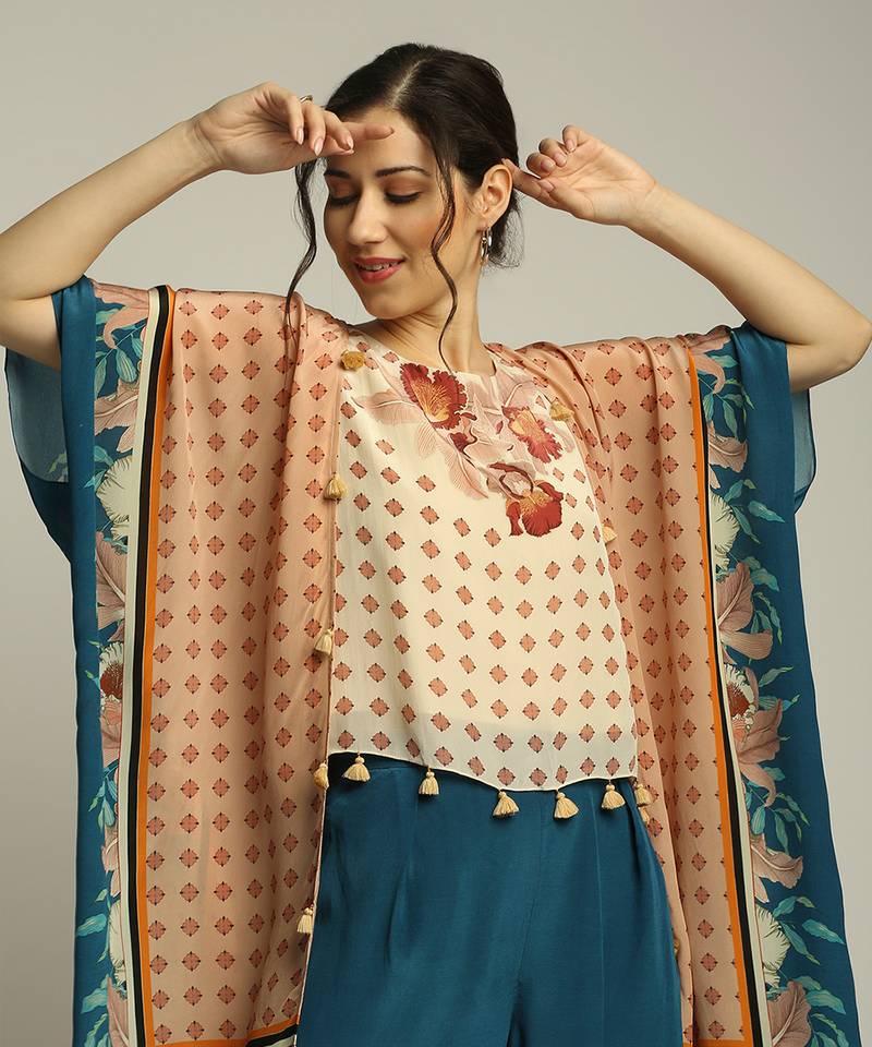 Teal blue Peach Orchid bloom printed pant set with cape