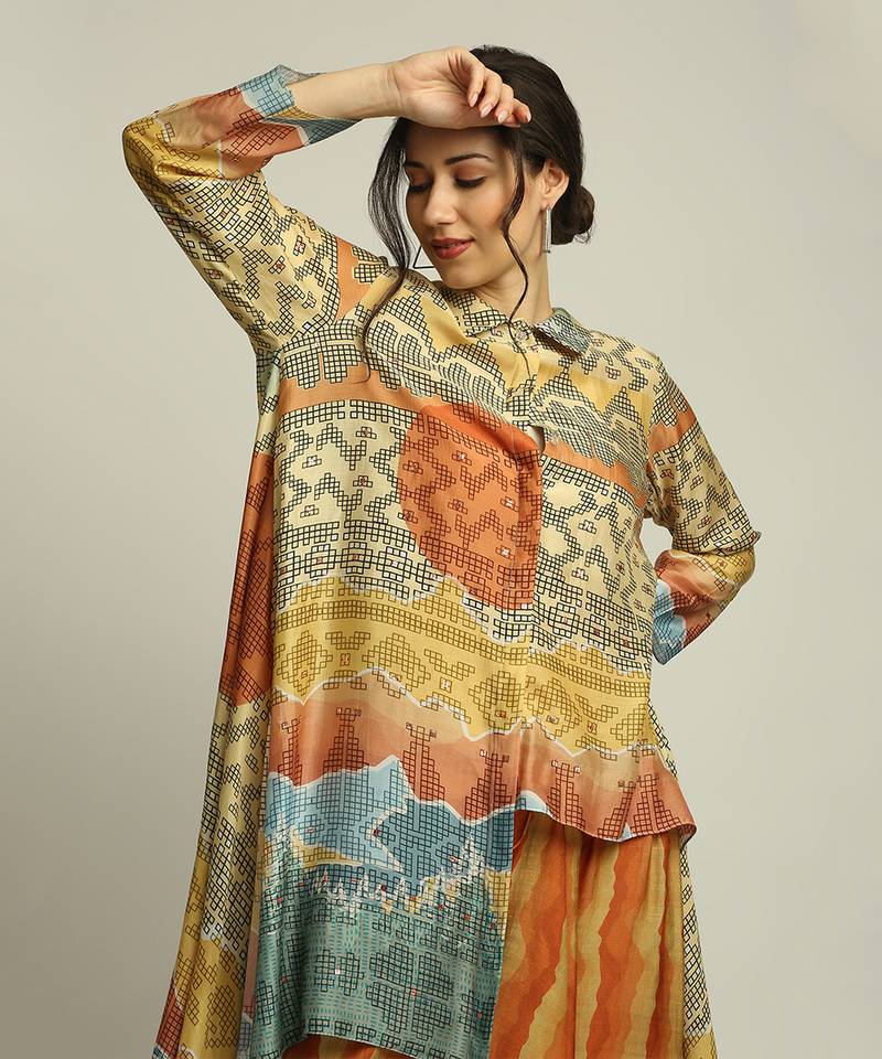 Dune Shadow Printed High-Low Top With Dhoti