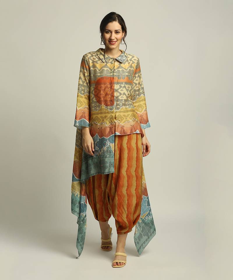 Dune Shadow Printed High-Low Top With Dhoti