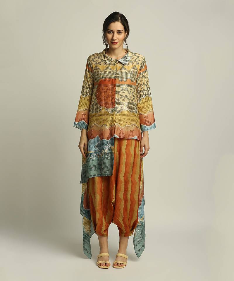 Dune Shadow Printed High-Low Top With Dhoti