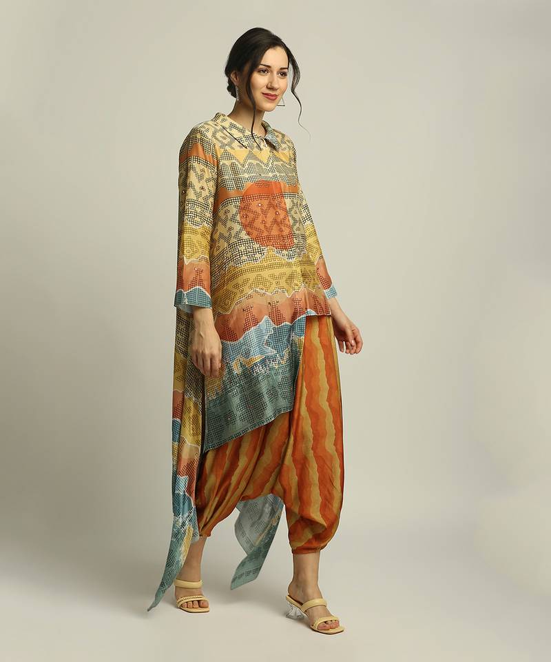 Dune Shadow Printed High-Low Top With Dhoti