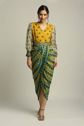 Yellow Tiraz printed drape dress with belt