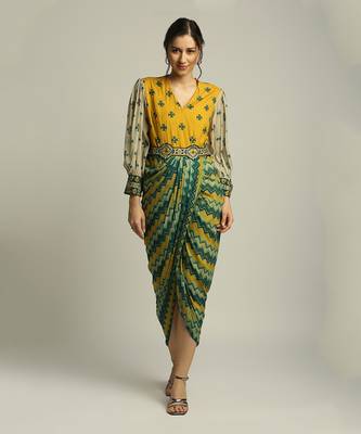 Yellow Tiraz printed drape dress with belt 1