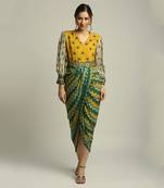 Yellow Tiraz printed drape dress with belt