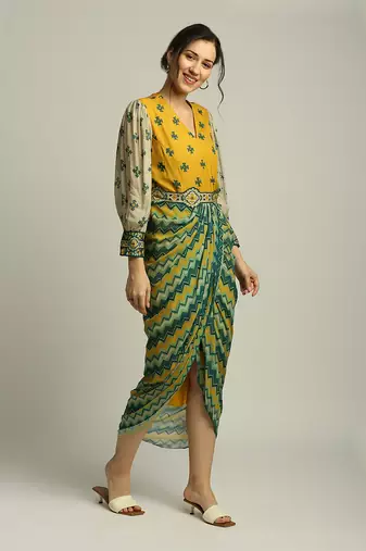 Yellow Tiraz printed drape dress with belt