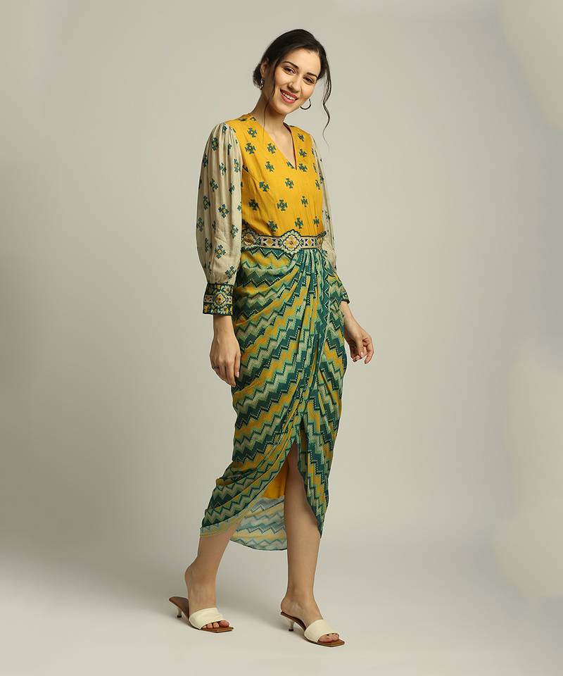 Yellow Tiraz printed drape dress with belt