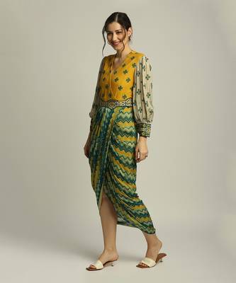 Yellow Tiraz printed drape dress with belt 3
