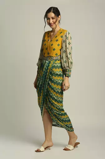 Yellow Tiraz printed drape dress with belt