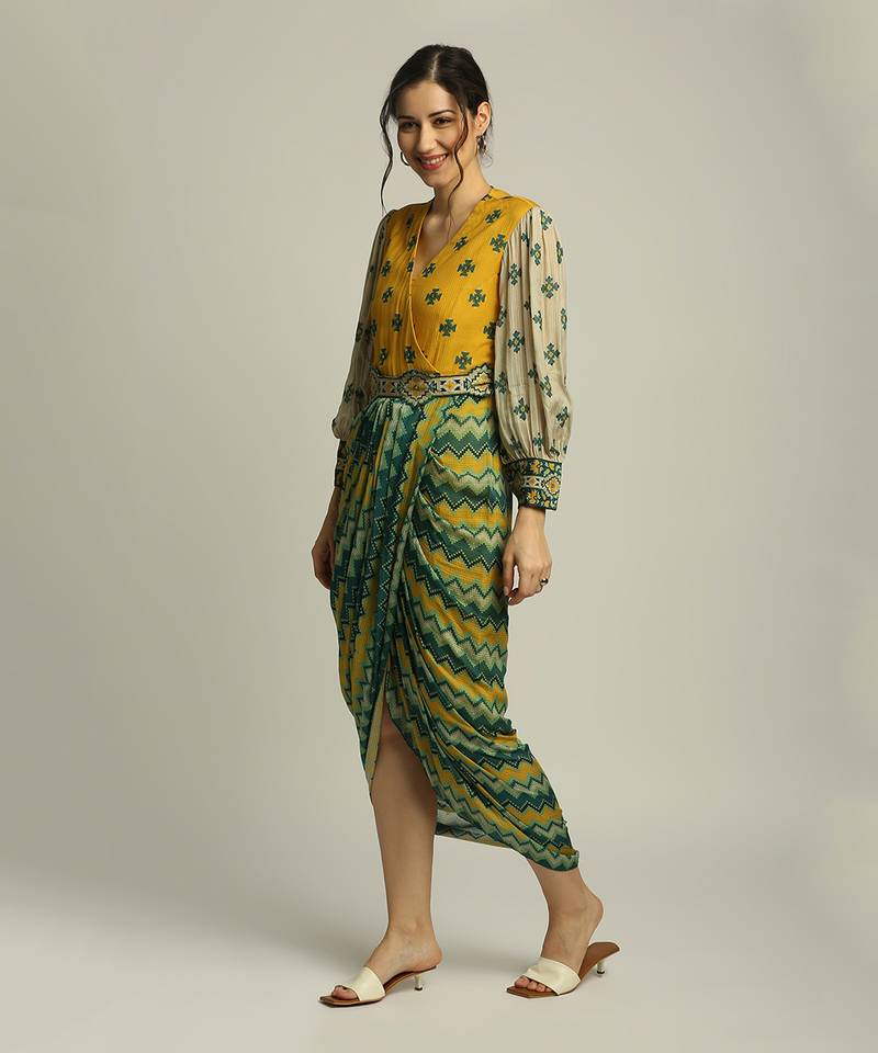 Yellow Tiraz printed drape dress with belt
