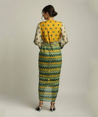 Yellow Tiraz printed drape dress with belt 4