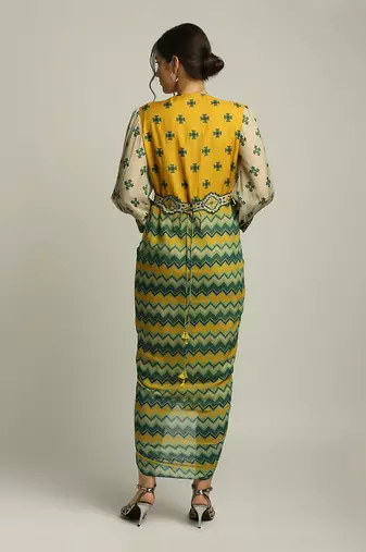 Yellow Tiraz printed drape dress with belt