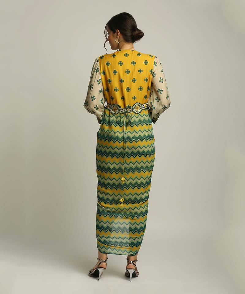 Yellow Tiraz printed drape dress with belt