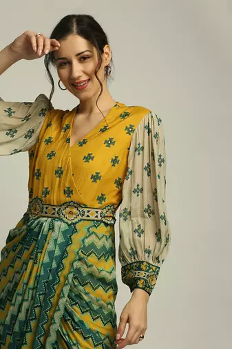 Yellow Tiraz printed drape dress with belt