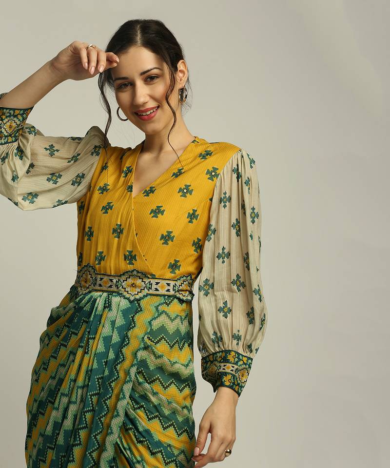Yellow Tiraz printed drape dress with belt