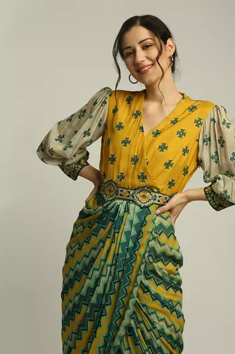 Yellow Tiraz printed drape dress with belt