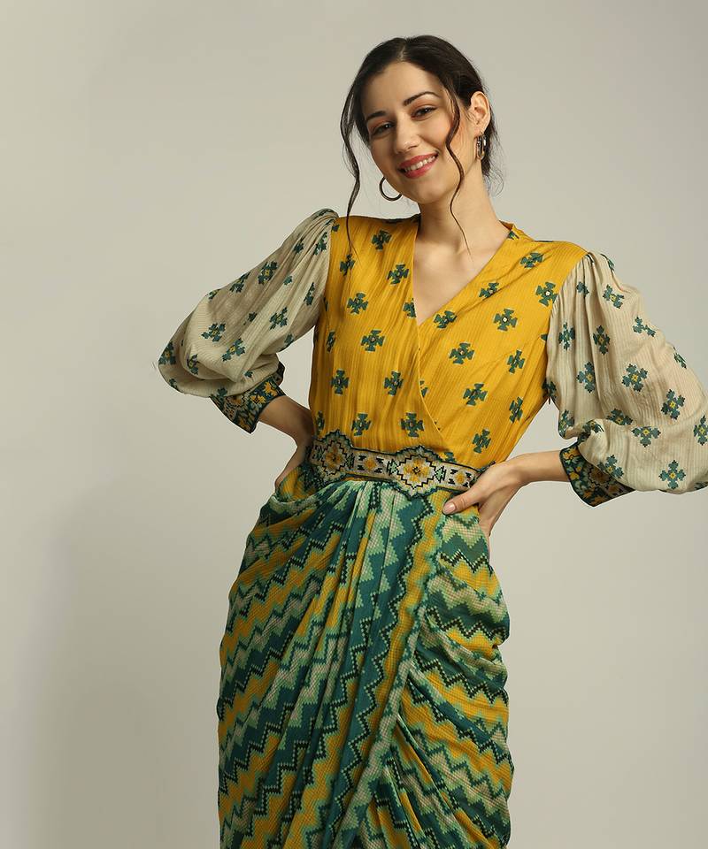 Yellow Tiraz printed drape dress with belt