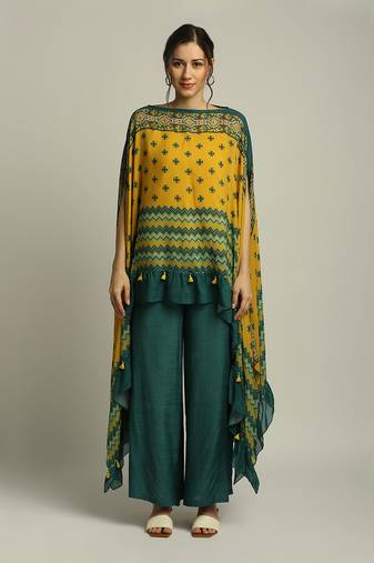 Green Yellow Tiraz printed embellished top with pant