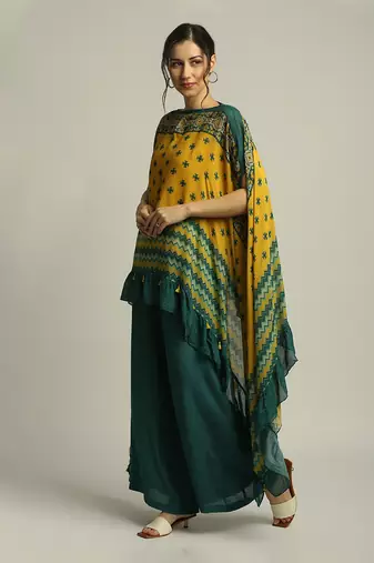 Green Yellow Tiraz printed embellished top with pant