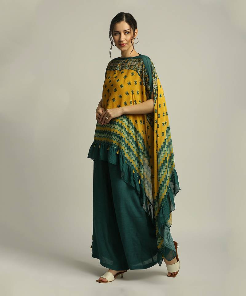 Green Yellow Tiraz printed embellished top with pant