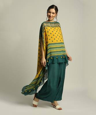 Green Yellow Tiraz printed embellished top with pant 3