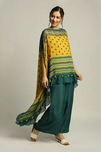 Green Yellow Tiraz printed embellished top with pant
