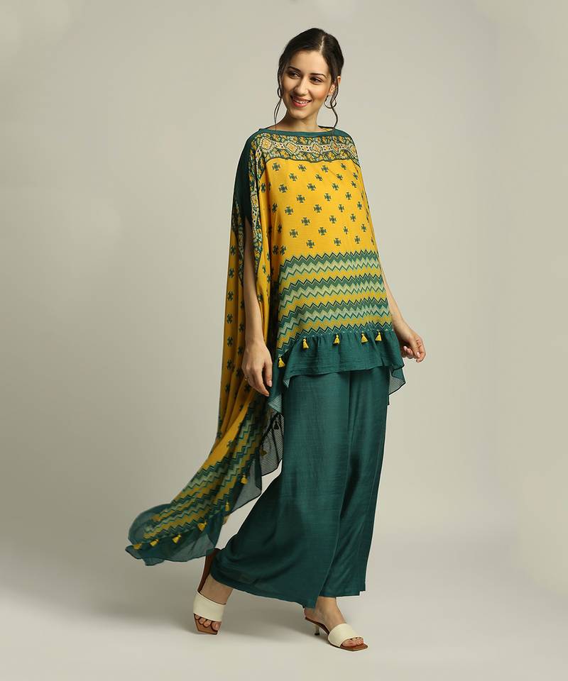 Green Yellow Tiraz printed embellished top with pant