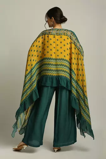 Green Yellow Tiraz printed embellished top with pant