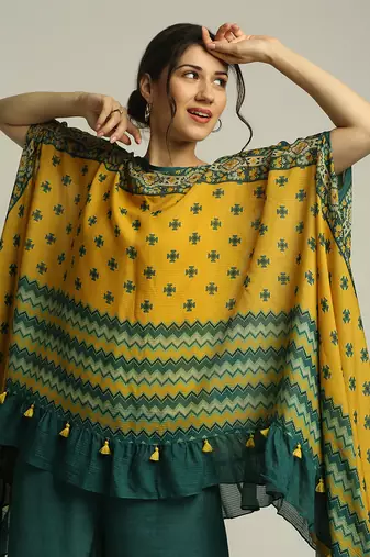 Green Yellow Tiraz printed embellished top with pant