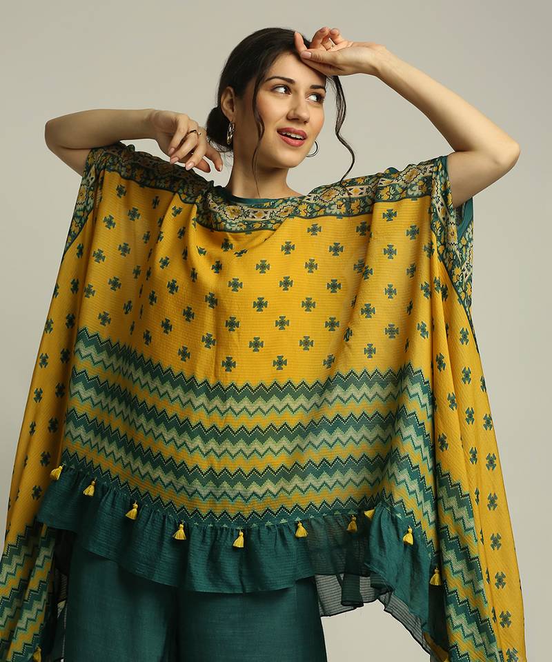 Green Yellow Tiraz printed embellished top with pant