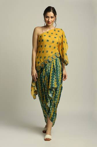 Yellow Green Tiraz printed one shoulder top with drape skirt
