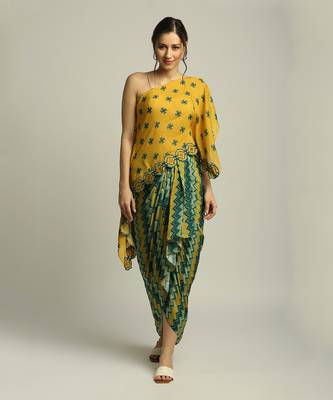 Yellow Green Tiraz printed one shoulder top with drape skirt 1