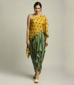 Yellow Green Tiraz printed one shoulder top with drape skirt