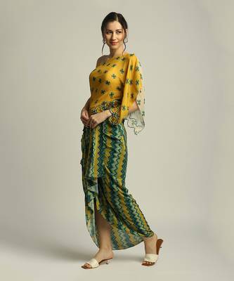 Yellow Green Tiraz printed one shoulder top with drape skirt 2
