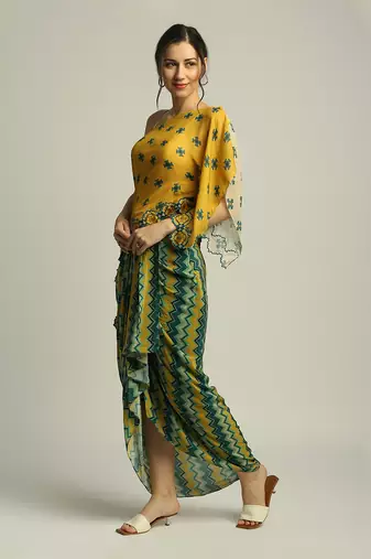 Yellow Green Tiraz printed one shoulder top with drape skirt
