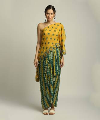 Yellow Green Tiraz printed one shoulder top with drape skirt 3