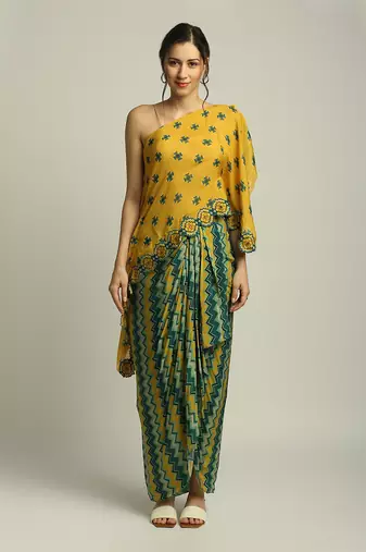 Yellow Green Tiraz printed one shoulder top with drape skirt