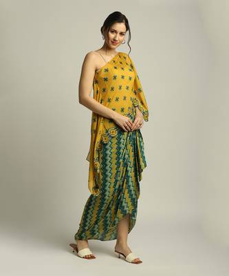 Yellow Green Tiraz printed one shoulder top with drape skirt 4